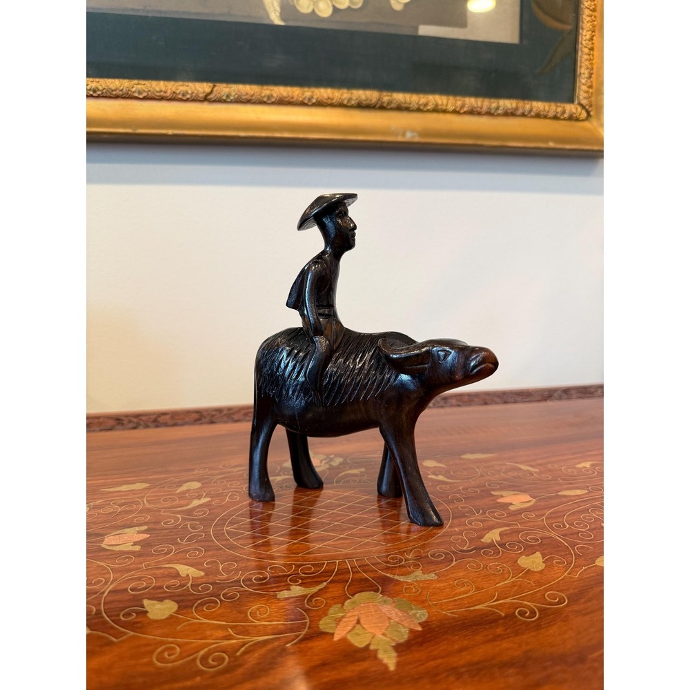 Vintage Hand Carved Wood Rider on Buffalo, Folk Art Hardwood‎ Sculpture
